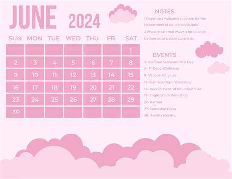 Pink June 2024 Calendar In Eps Word Illustrator Svg  Download