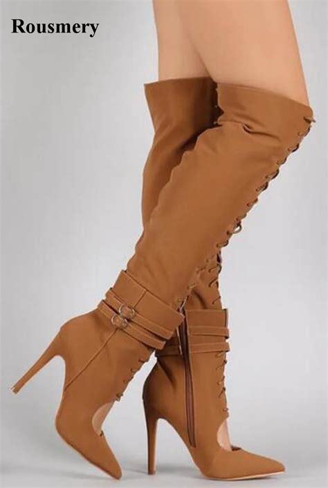Free Shipping Women Fashion Pointed Toe Lace Up Suede Leather Gladiator Boots Cut Out Knee High