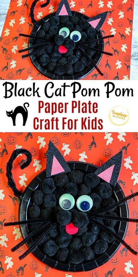 Black Cat Pom Pom Paper Plate Craft For Kids Halloween Crafts