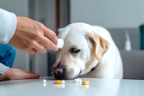 Owner Giving Medicine In A Pill To His Sick Dog Medicine And Vitamins