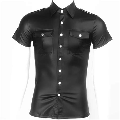 Mens Short Sleeve Shirt Stretch Black Pu Leather Male Sexy Slim Fit T Shirts Tops Gay Male