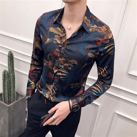 Baroque Flower Stripes Print Slim Fit Style Men Long Sleeves Shirts