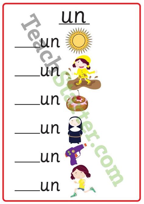 Match words and pictures (matching exercise) and write the words. Rhyming Words - Missing Letters - 'UN' | Rhyming words ...