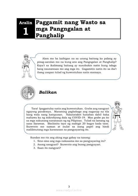 Worksheets Sa Paggamit Ng Wasto Ang Mga Pangngalan At Panghalip Grade 6