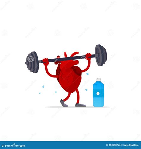 Cute Happy Smiling Heart Organ Doing Exercises With Dumbbells Vector