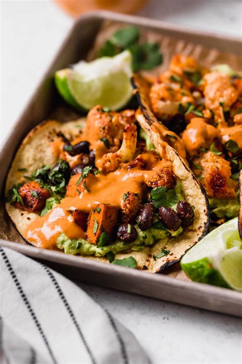 Place potatoes in a large bowl with cauliflower, broccoli and carrots gently toss in dressing. Roasted Sweet Potato + Cauliflower Tacos {Vegan, Dairy-Free}