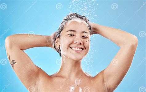 Hair Care Smile And Asian Woman In The Shower For Grooming Hygiene And Morning Routine Against