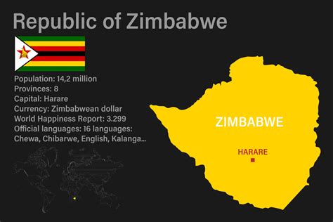Highly Detailed Zimbabwe Map With Flag Capital And Small Map Of The World Vector Art At