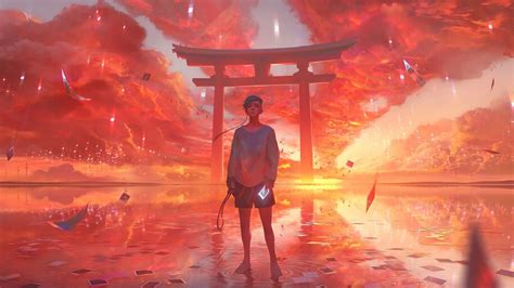 Anime Boy Sunset Gate Shrine 4k 6998 Wallpaper