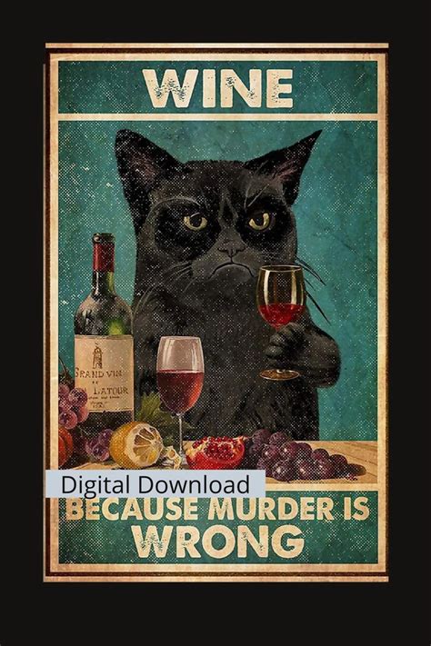 Black Cat Wine Murder Is Wrong Wall Decor 8x12 Etsy Canada Wine