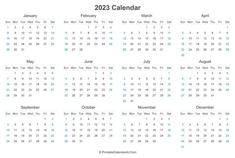 2023 Calendar Printable Landscape Layout