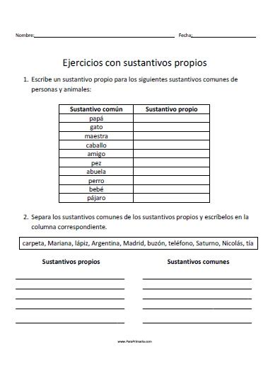 Ficha De Sustantivos Propios Y Comunes Para Segundo De Primaria