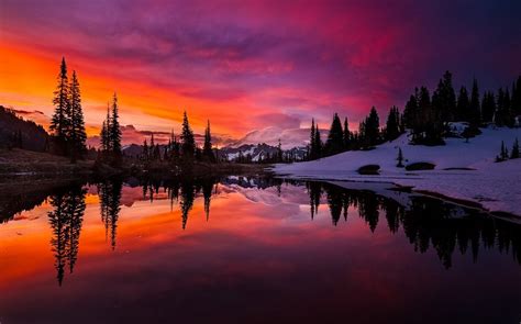 Lake Sunset Mountain Forest Sky Water Snow Reflection Trees