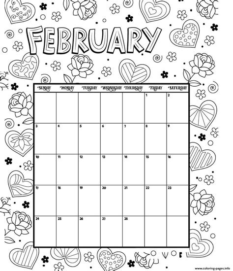 February Coloring Calendar Valentines Coloring Page Printable