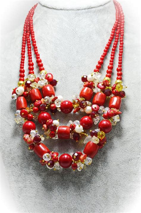 Red Coral Necklace Beaded Natural Coral Pearl Crystal Jewelry Multi