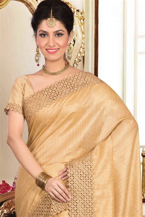 Buy Gold Plain Tissue Saree With Blouse Online