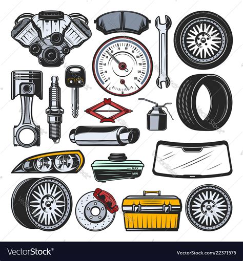 Car Auto Parts Engine Tires And Tools Royalty Free Vector