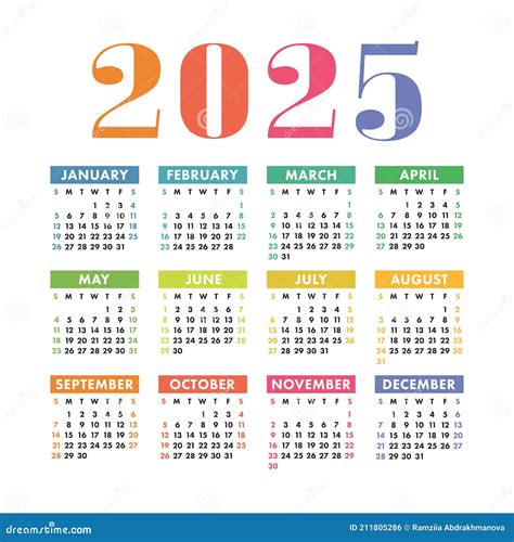 Kalenderjaar 2025 Engels Kleurrijke Vectorvierkante Wand Of