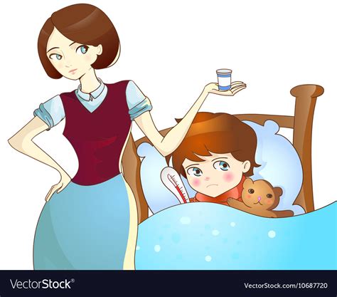 Sick Child Lying In Bed And Mother With Medicine Vector Image