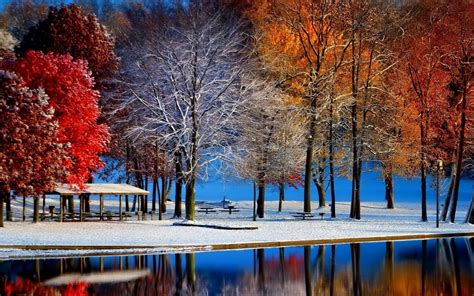 Nature Landscape Fall Snow Trees Colorful Water Bench Wallpapers