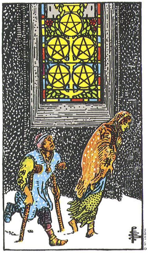 The wealthy man from this minor arcana card is much different from the one depicted in the four of pentacles. FIVE OF PENTACLES
