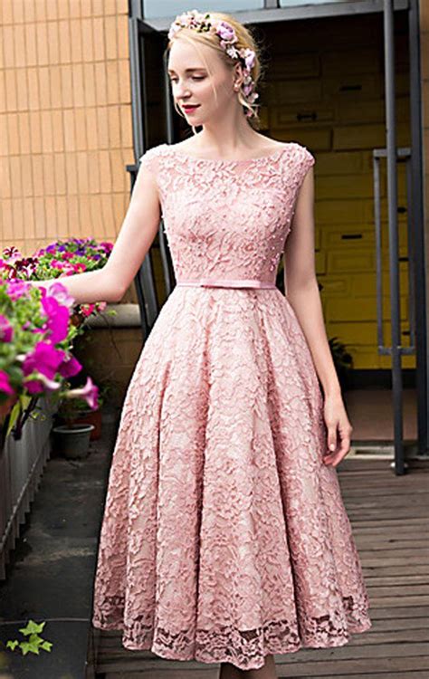 Macloth Cap Sleeves Lace Cocktail Dress Pink Midi Wedding Party Formal Club Dresses Beautiful