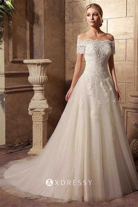 Scalloped Off Shoulder Lace Appliqued Wedding Gown Xdressy