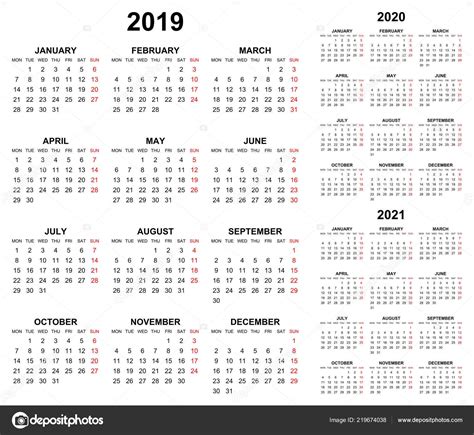 Simple Editable Vector Calendars Year 2019 2020 2021 Mondays First