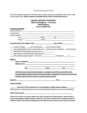 Fillable Online Iun Transcript Request Form IU Northwest Fax Email