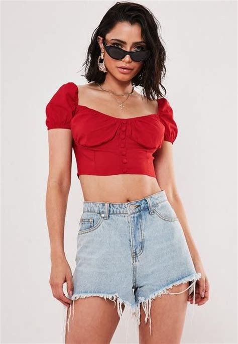 Red Button Front Milkmaid Crop Top Crop Tops Womens Tops Shopping