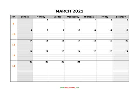 Free Download Printable March 2021 Calendar Large Box Grid Space For