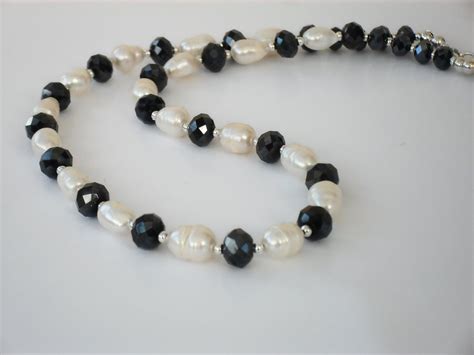 White Pearl And Black Crystal Necklace Folksy
