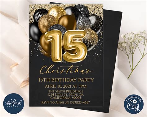 Black And Gold Birthday Invitation Template Editable 15th Etsy