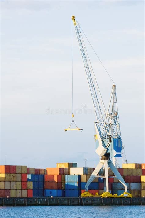 Large Cargo Crane And Containers At Seaport Stock Image Image Of