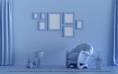 Minimalist Living Room Interior In Flat Single Pastel Light Blue Color