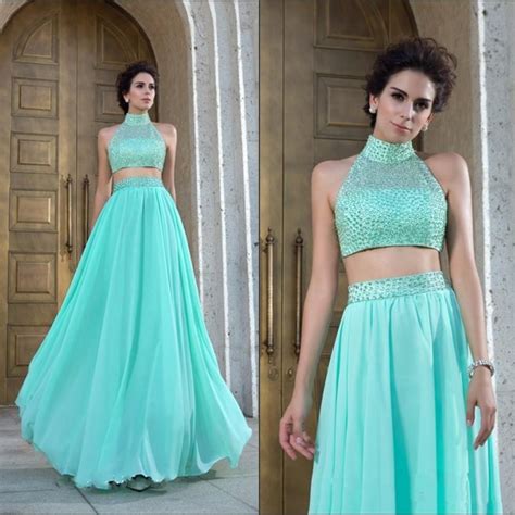 Beautiful Beaded Two Piece Prom Dress Tulle Light Green Turquoise Prom