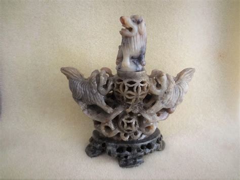 Antique Chinese Qing Hand Carved Soapstone Foo Dogs Incense Burner From