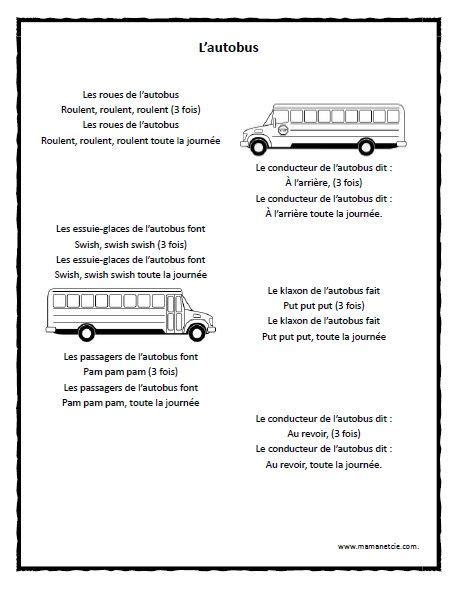Comptine Le Chauffeur De L Autobus - Chansons - Prescolaire - L'Autobus - Chanson à imprimer en .pdf