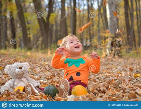 Baby Girl Laughing And Playing In Autumn Stock Image Image Of Playing