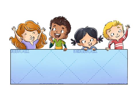 Niños Felices Con Cartel En Las Manos Dibustock Ilustraciones Infantiles De Stock