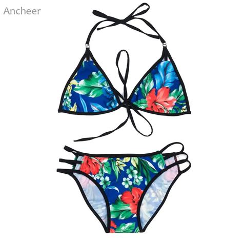 Swimwear Women Sexy Two Pieces Bikini Set Halter Triangle Swimsuits For Woman Bandage Floral