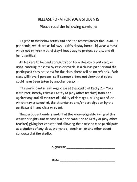 Fillable Online Free Yoga Waiver Form And Consent Template Fax Email