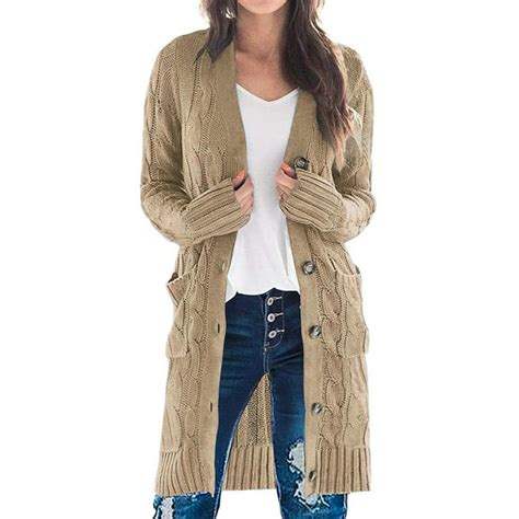 Womens Long Sleeve Cable Knit Long Cardigan Open Front Button Sweater