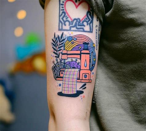 Awesome sewing theme tattoo on half sleeve. Colorful sewing machine tattoo | Sewing machine tattoo ...