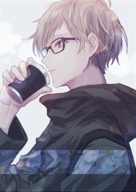 Anime Guy Light Colored Hair Glasses Coffee Cute