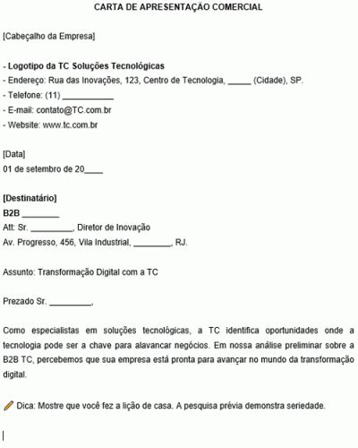 Referência Para Uma Carta De Apresentação Comercial E Proposta Comercial Detalhada Modelo Gratuito