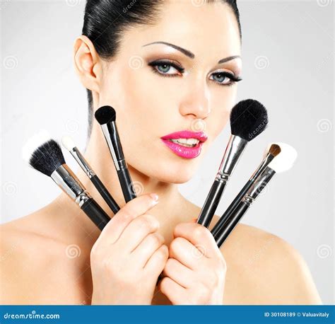 Beautiful Woman With Makeup Brushes Stock Image Image Of Apply