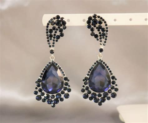 Navy Blue Earrings Dark Blue Teardrop Earrings Crystal Silver Etsy
