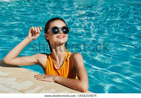 Cheerful Pretty Woman Swimming Pool Yellow Stock Photo 1436254874