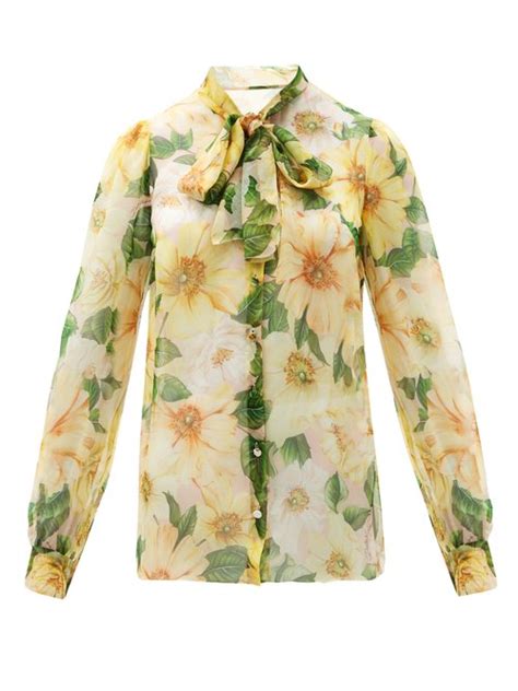 Dolce And Gabbana Pussy Bow Camellia Print Silk Chiffon Blouse Yellow Coshio Online Shop